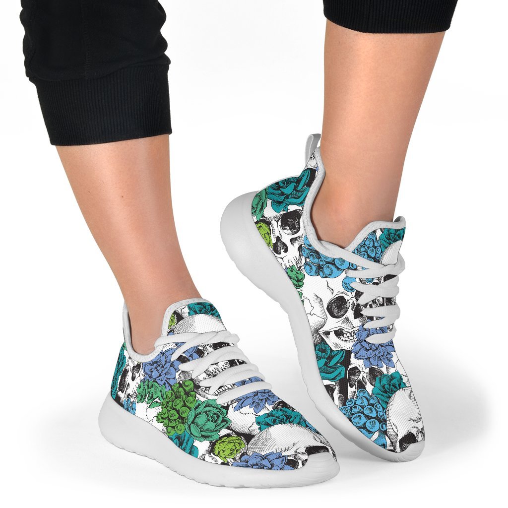 Green Blue Flowers Skull Pattern Print Mesh Knit Shoes GearFrost