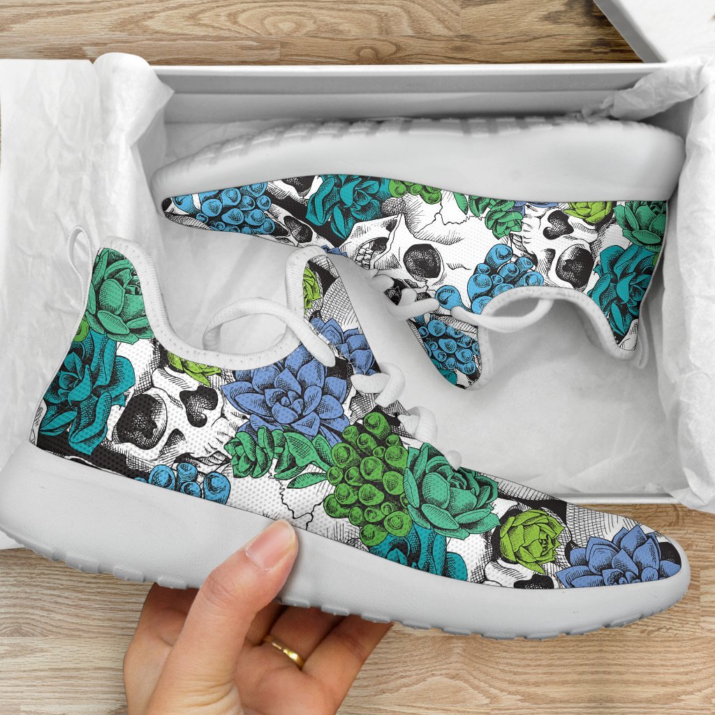 Green Blue Flowers Skull Pattern Print Mesh Knit Shoes GearFrost
