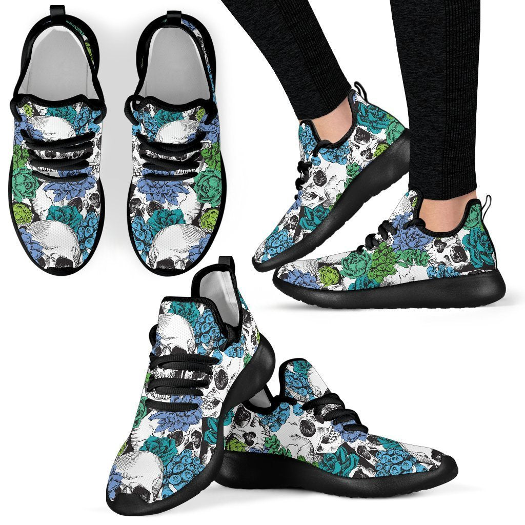 Green Blue Flowers Skull Pattern Print Mesh Knit Shoes GearFrost