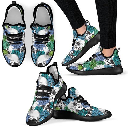 Green Blue Flowers Skull Pattern Print Mesh Knit Shoes GearFrost