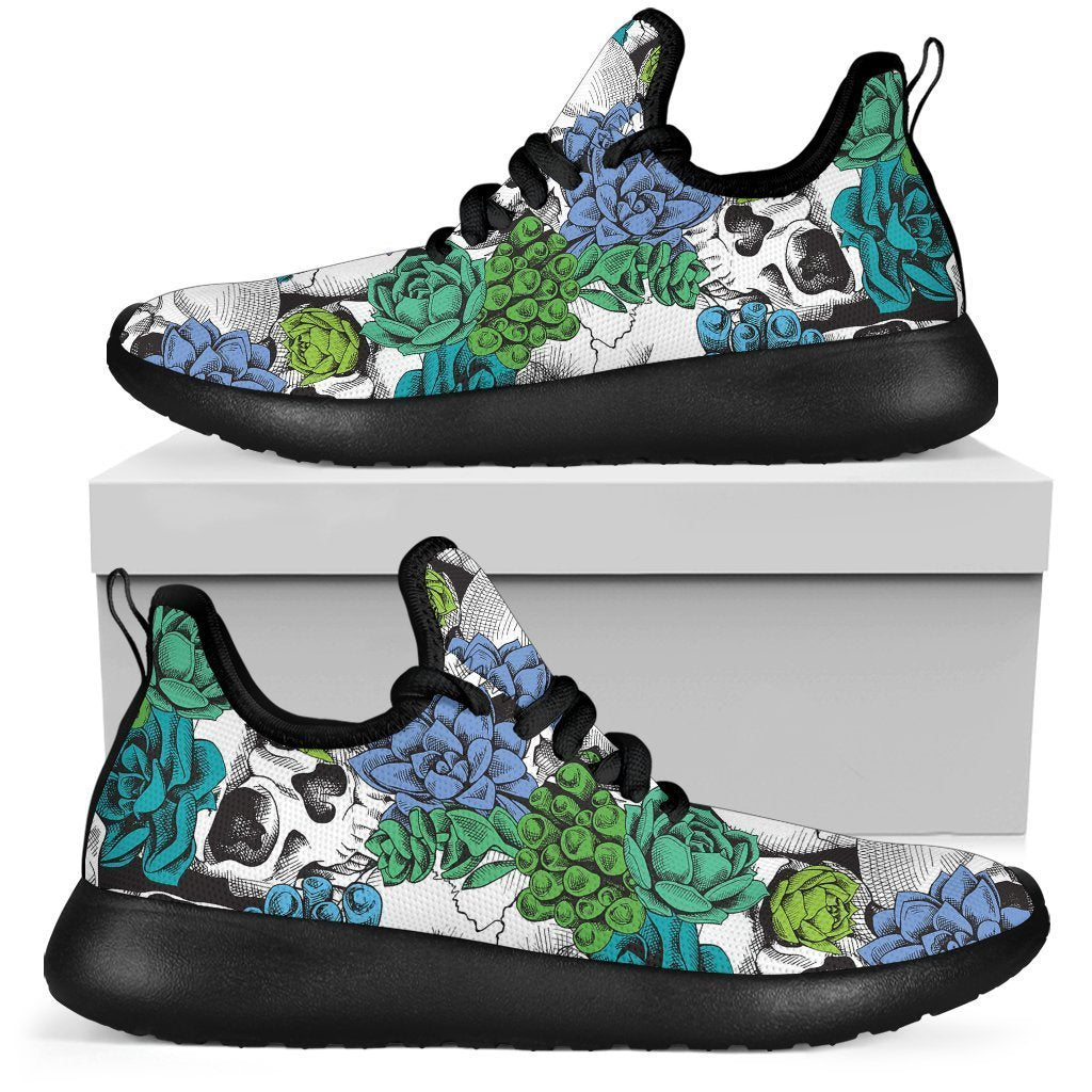 Green Blue Flowers Skull Pattern Print Mesh Knit Shoes GearFrost