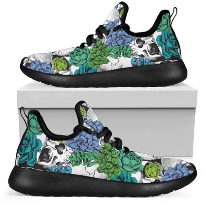 Green Blue Flowers Skull Pattern Print Mesh Knit Shoes GearFrost