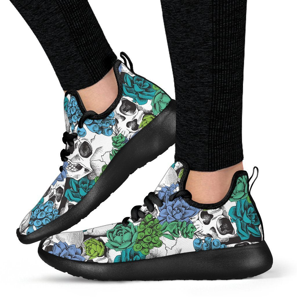 Green Blue Flowers Skull Pattern Print Mesh Knit Shoes GearFrost