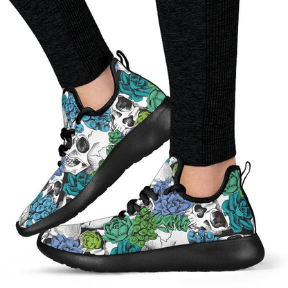 Green Blue Flowers Skull Pattern Print Mesh Knit Shoes GearFrost