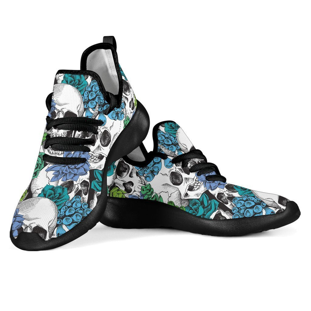 Green Blue Flowers Skull Pattern Print Mesh Knit Shoes GearFrost