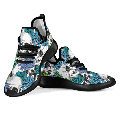Green Blue Flowers Skull Pattern Print Mesh Knit Shoes GearFrost