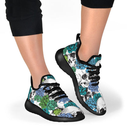 Green Blue Flowers Skull Pattern Print Mesh Knit Shoes GearFrost