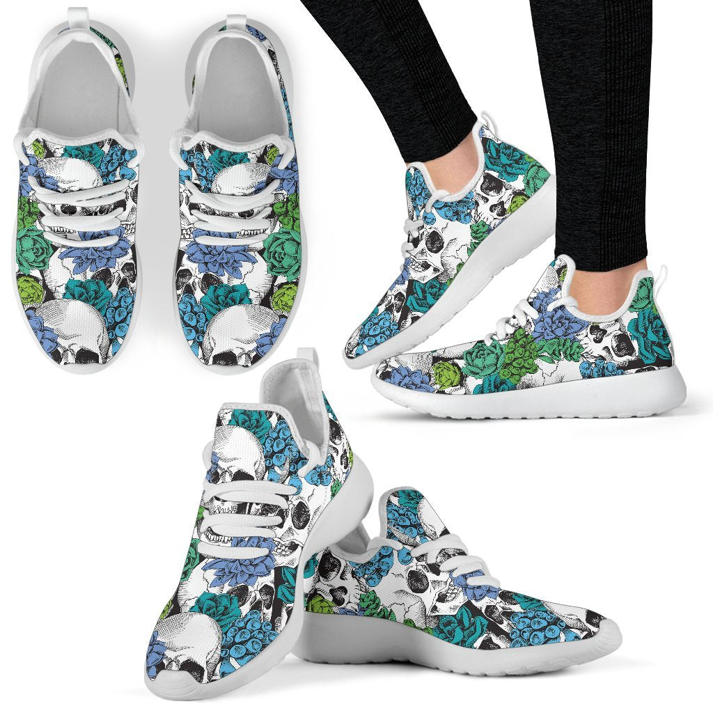 Green Blue Flowers Skull Pattern Print Mesh Knit Shoes GearFrost