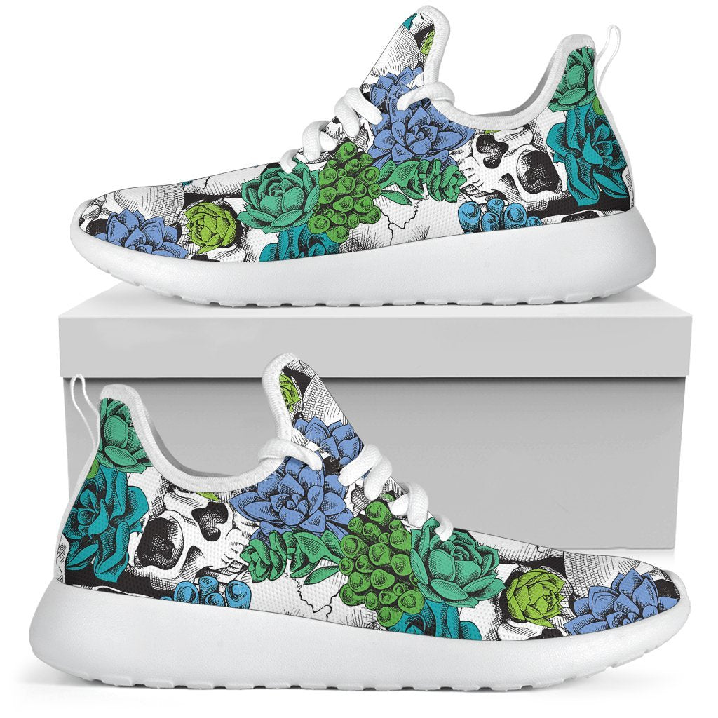 Green Blue Flowers Skull Pattern Print Mesh Knit Shoes GearFrost