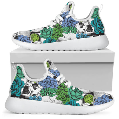 Green Blue Flowers Skull Pattern Print Mesh Knit Shoes GearFrost