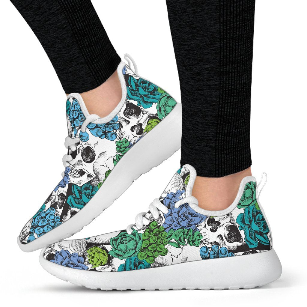 Green Blue Flowers Skull Pattern Print Mesh Knit Shoes GearFrost