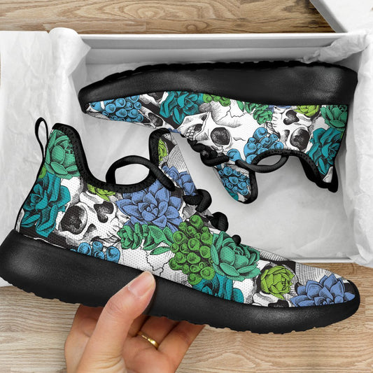 Green Blue Flowers Skull Pattern Print Mesh Knit Shoes GearFrost