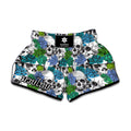 Green Blue Flowers Skull Pattern Print Muay Thai Boxing Shorts