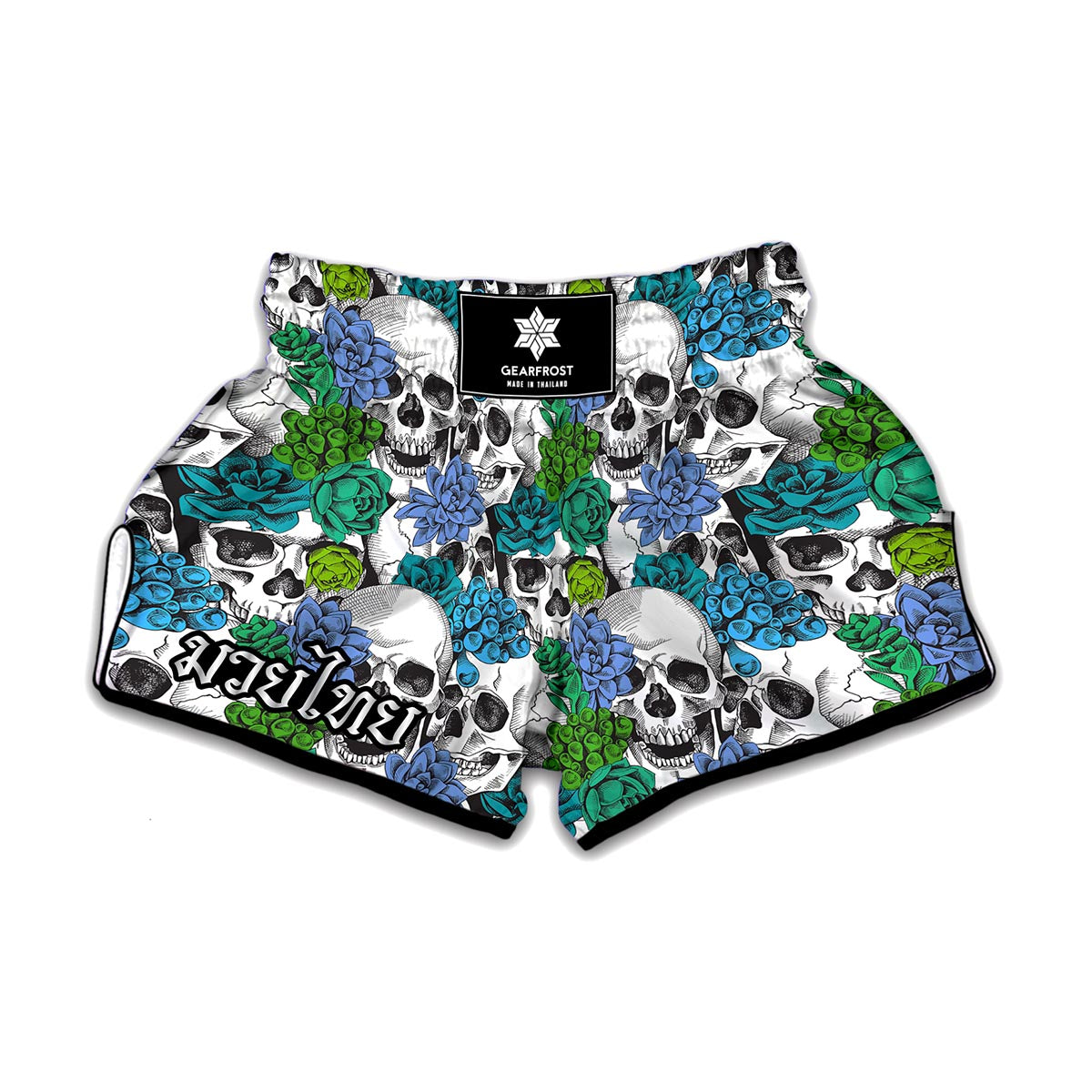 Green Blue Flowers Skull Pattern Print Muay Thai Boxing Shorts