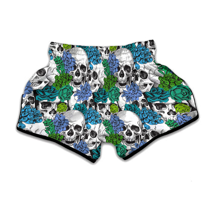 Green Blue Flowers Skull Pattern Print Muay Thai Boxing Shorts