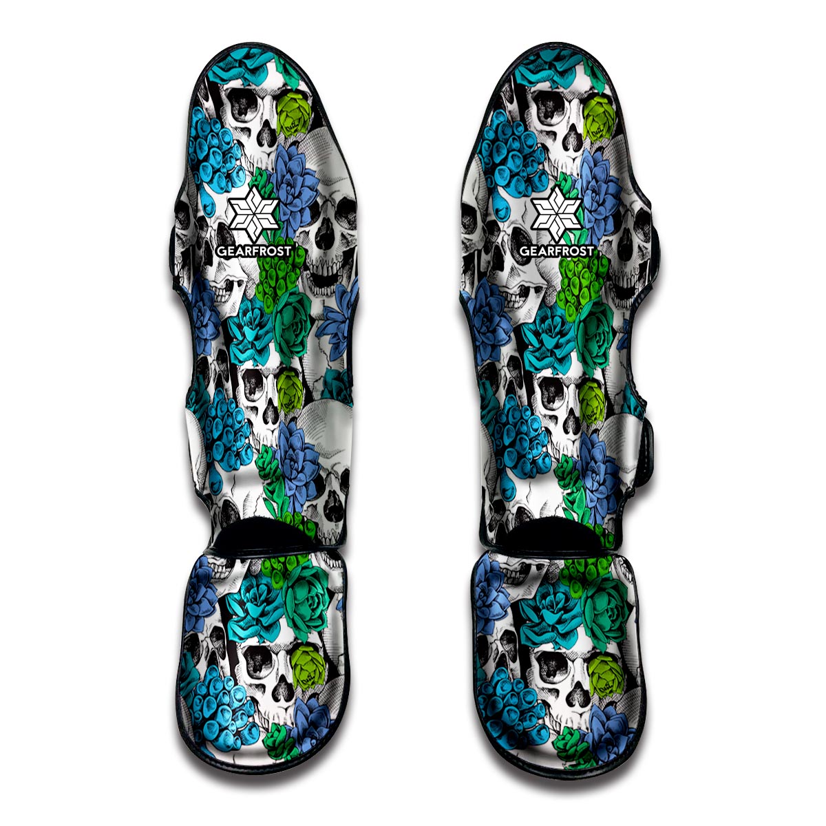 Green Blue Flowers Skull Pattern Print Muay Thai Shin Guard