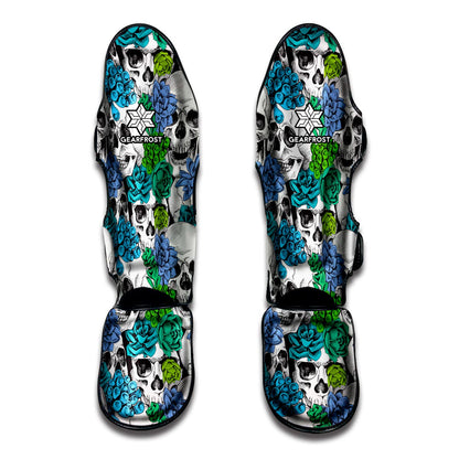 Green Blue Flowers Skull Pattern Print Muay Thai Shin Guard