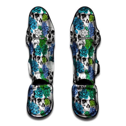 Green Blue Flowers Skull Pattern Print Muay Thai Shin Guard