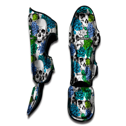 Green Blue Flowers Skull Pattern Print Muay Thai Shin Guard