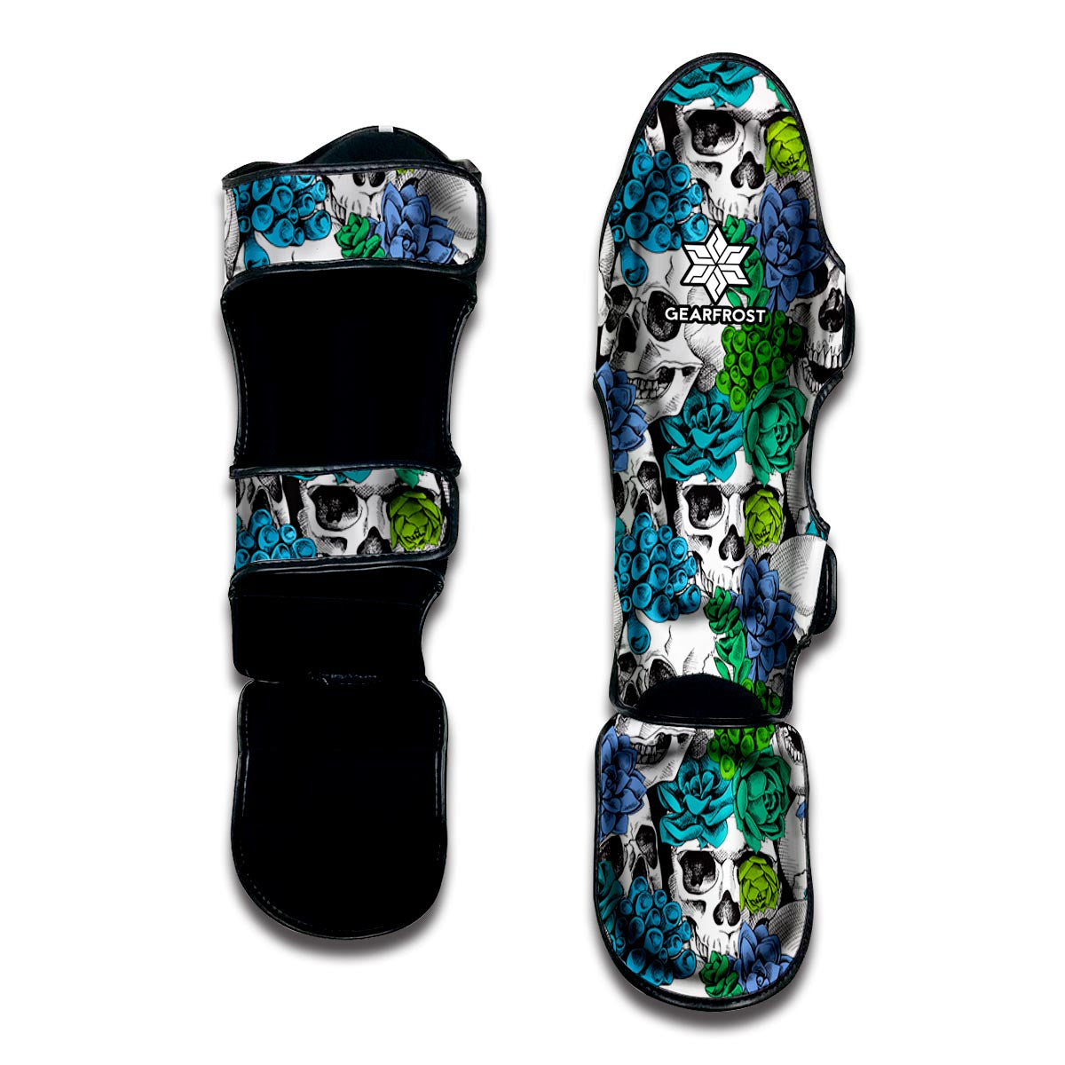 Green Blue Flowers Skull Pattern Print Muay Thai Shin Guard