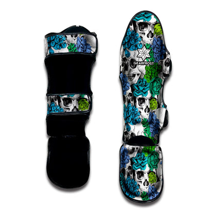 Green Blue Flowers Skull Pattern Print Muay Thai Shin Guard