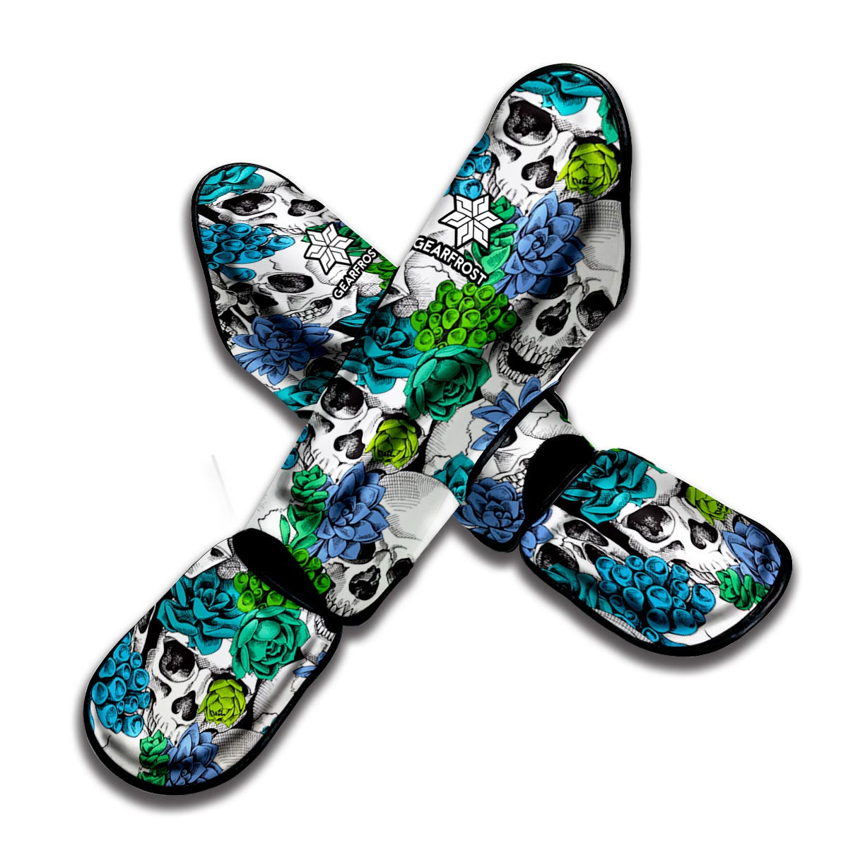 Green Blue Flowers Skull Pattern Print Muay Thai Shin Guard