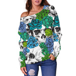 Green Blue Flowers Skull Pattern Print Off Shoulder Sweatshirt GearFrost