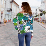 Green Blue Flowers Skull Pattern Print Off Shoulder Sweatshirt GearFrost