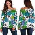 Green Blue Flowers Skull Pattern Print Off The Shoulder Sweatshirt
