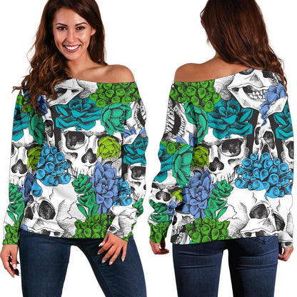 Green Blue Flowers Skull Pattern Print Off Shoulder Sweatshirt GearFrost
