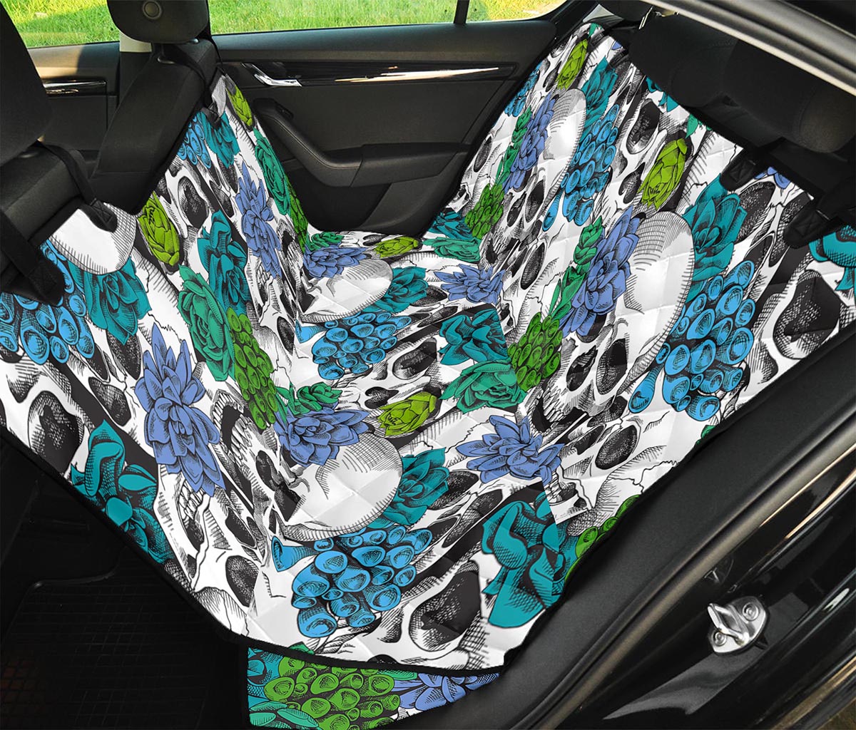 Green Blue Flowers Skull Pattern Print Pet Car Back Seat Cover