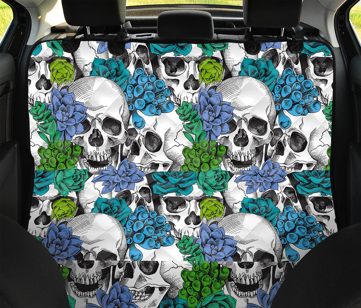Green Blue Flowers Skull Pattern Print Pet Car Back Seat Cover