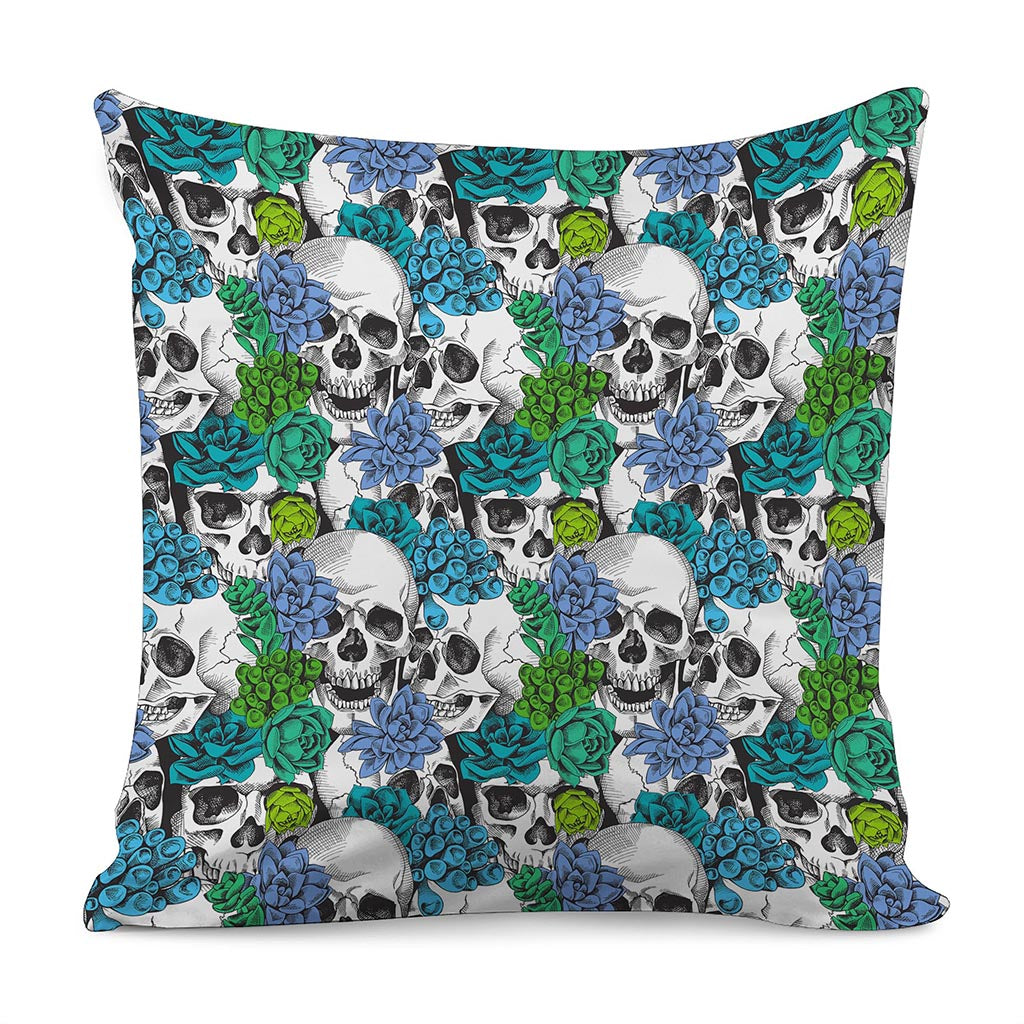 Green Blue Flowers Skull Pattern Print Pillow Cover