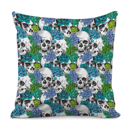 Green Blue Flowers Skull Pattern Print Pillow Cover