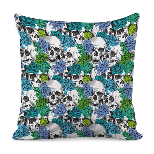 Green Blue Flowers Skull Pattern Print Pillow Cover