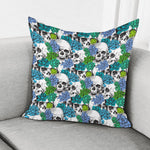 Green Blue Flowers Skull Pattern Print Pillow Cover