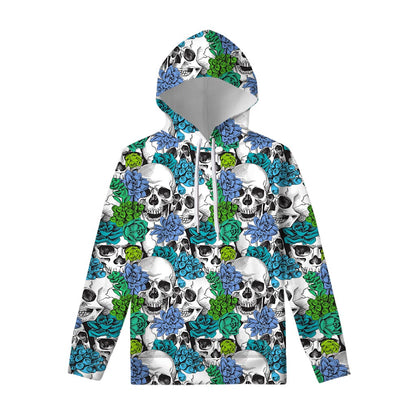 Green Blue Flowers Skull Pattern Print Pullover Hoodie
