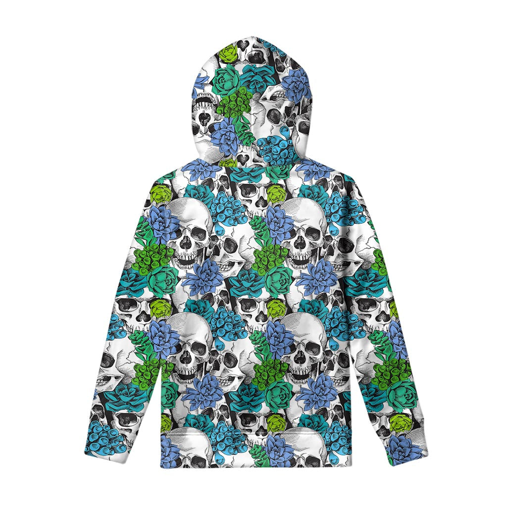 Green Blue Flowers Skull Pattern Print Pullover Hoodie