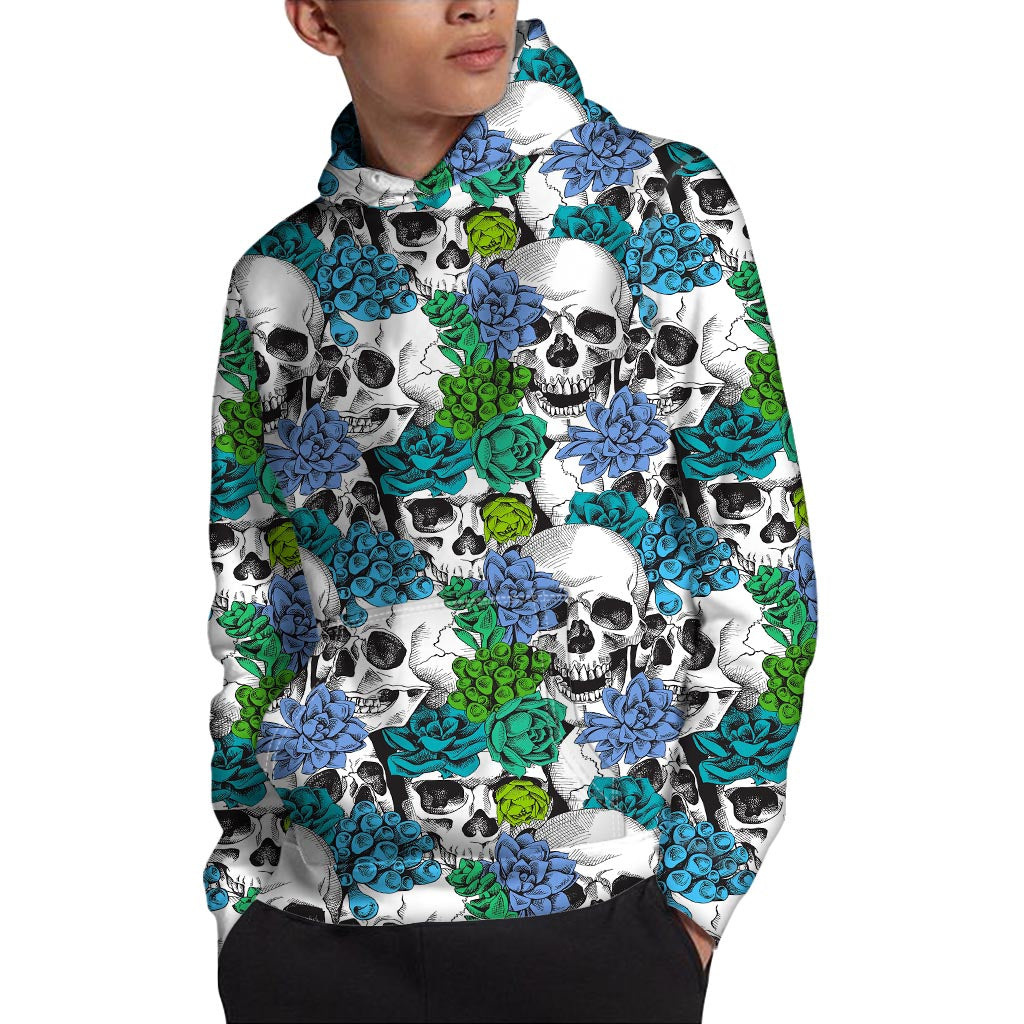Green Blue Flowers Skull Pattern Print Pullover Hoodie