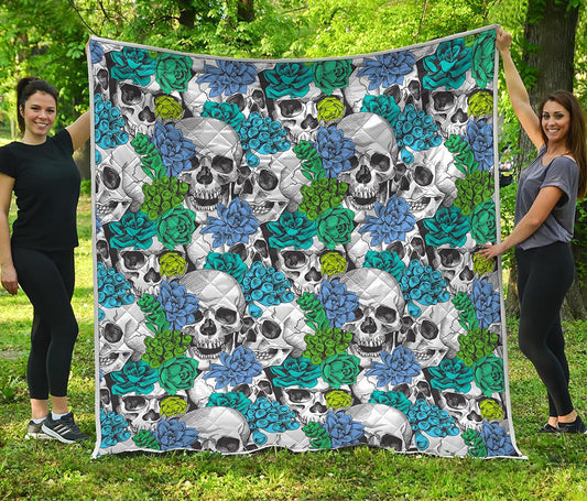 Green Blue Flowers Skull Pattern Print Quilt