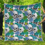 Green Blue Flowers Skull Pattern Print Quilt
