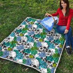 Green Blue Flowers Skull Pattern Print Quilt