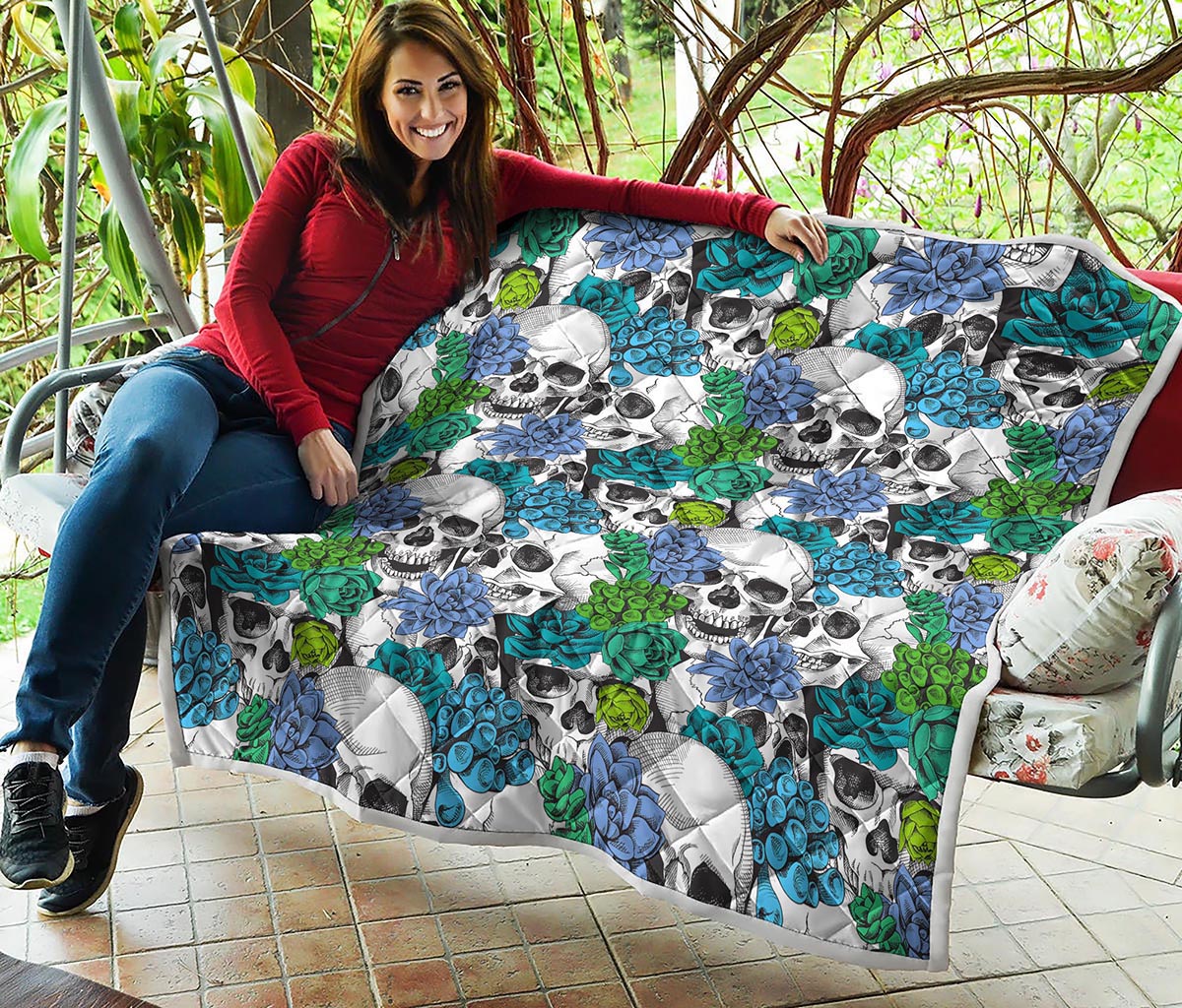 Green Blue Flowers Skull Pattern Print Quilt