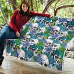 Green Blue Flowers Skull Pattern Print Quilt