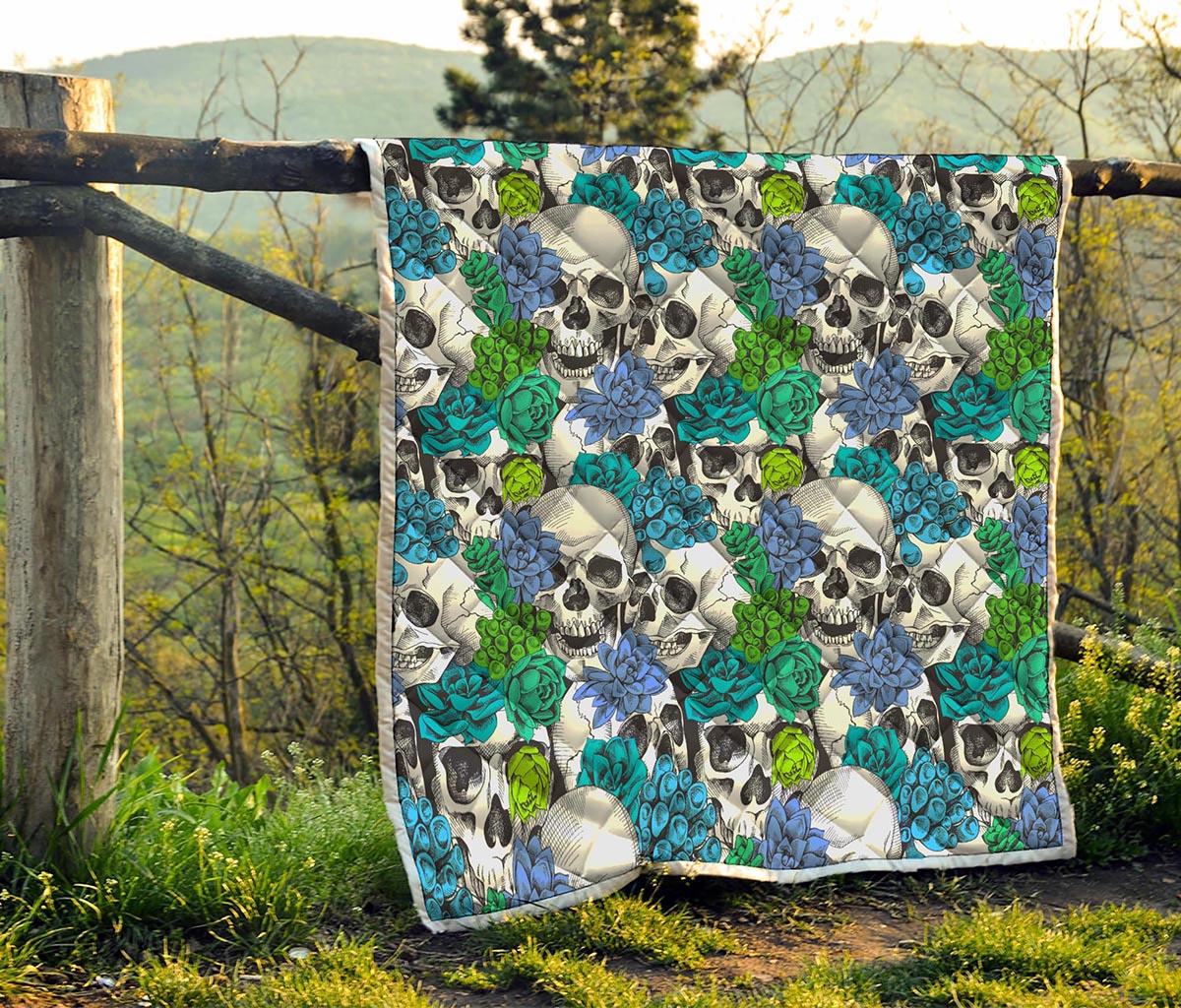 Green Blue Flowers Skull Pattern Print Quilt