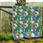Green Blue Flowers Skull Pattern Print Quilt