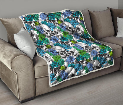 Green Blue Flowers Skull Pattern Print Quilt