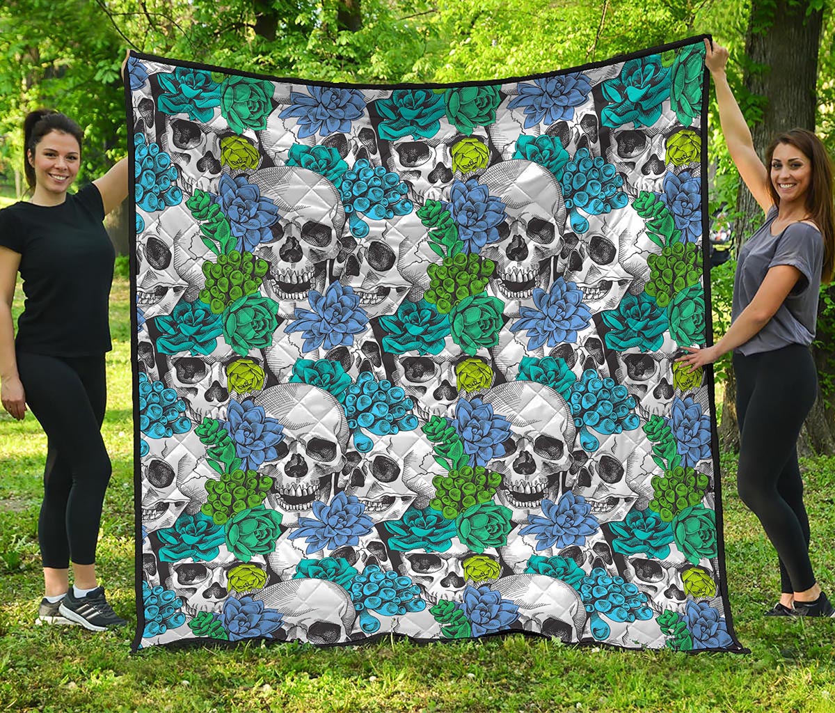 Green Blue Flowers Skull Pattern Print Quilt