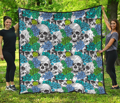 Green Blue Flowers Skull Pattern Print Quilt