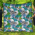 Green Blue Flowers Skull Pattern Print Quilt